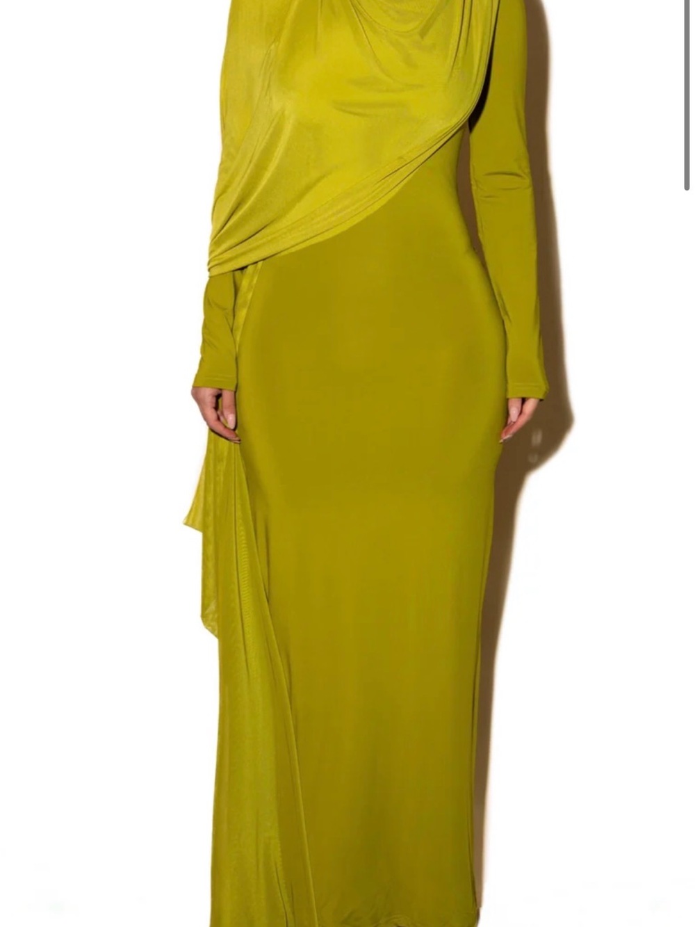 Sleek Olive Green Long Sleeve Draped Maxi Dress